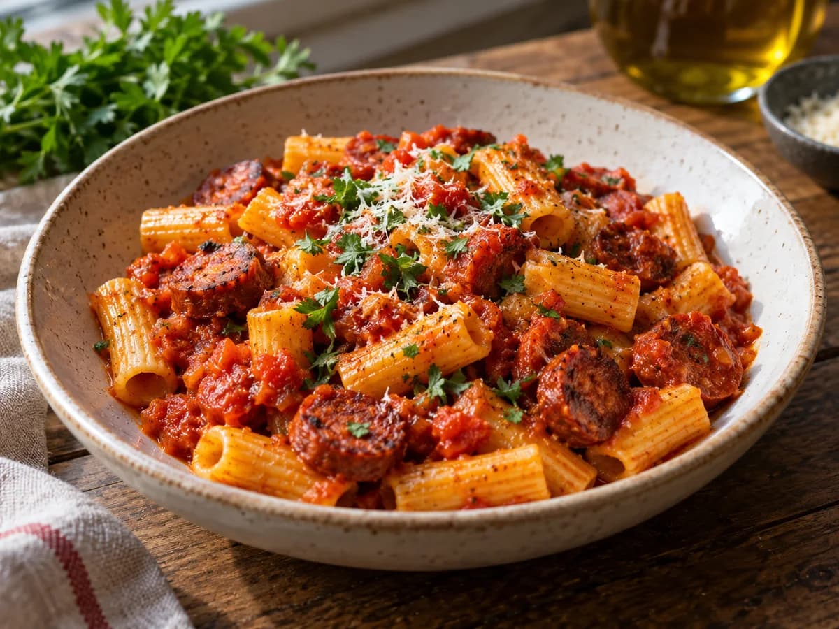 Chorizopasta valmiina tarjoiltuna