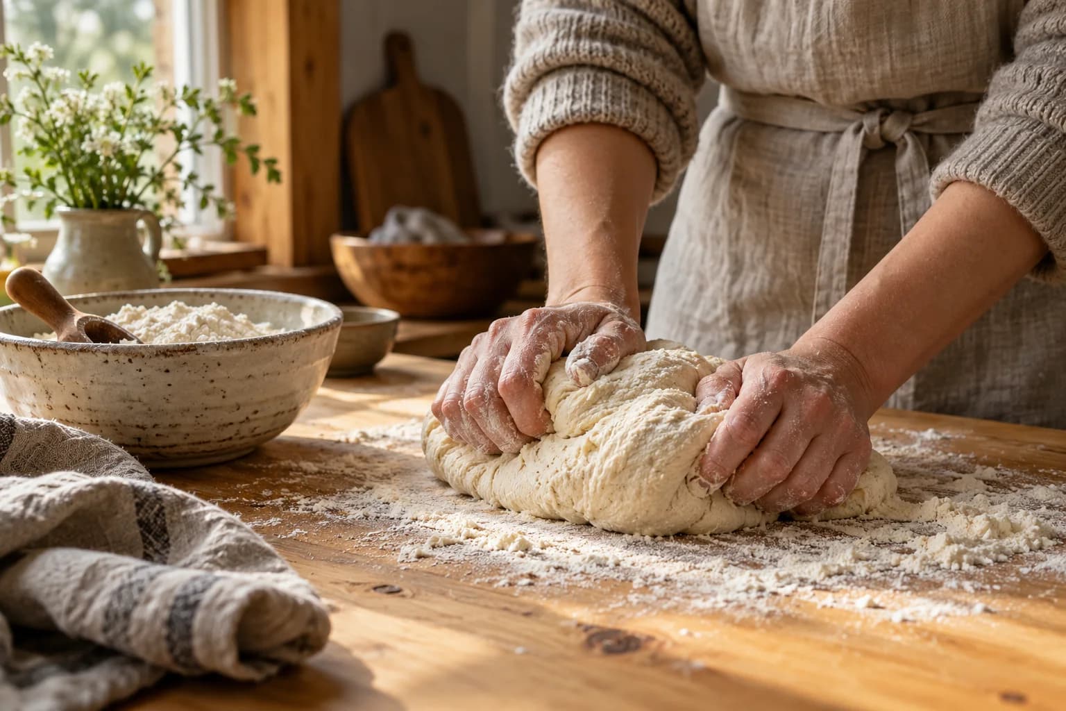 Taikinaa alustetaan jauhotetulla puisella keittiönpöydällä.