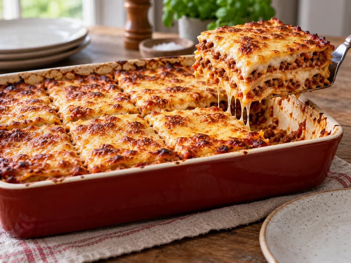 Kullanruskeaa lasagnea uunivuoassa.